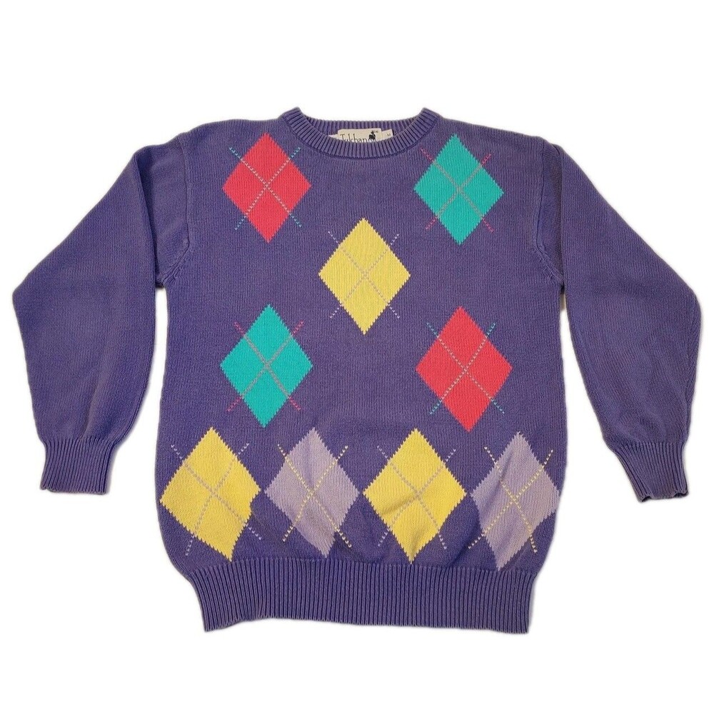 Vintage Mens Tulchan Purple Cotton Argyll Diamond Knit Crew Neck Pullover Size M